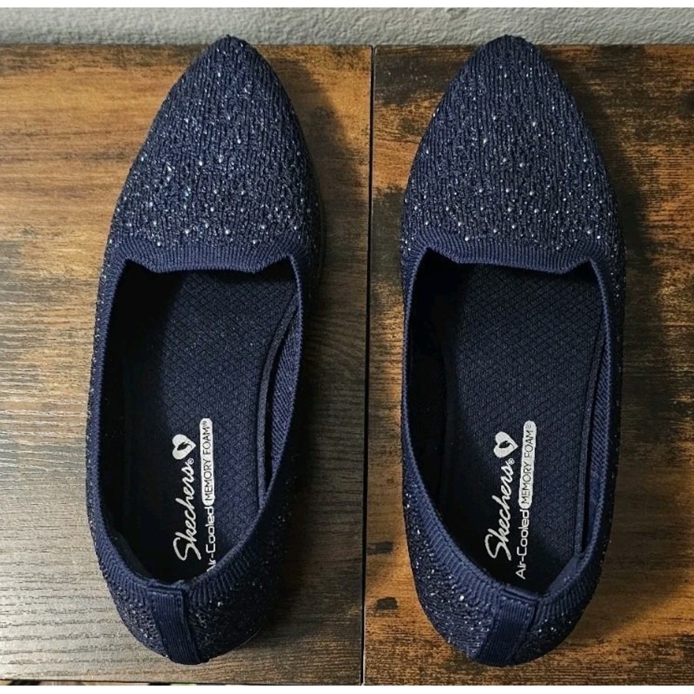 Skechers Cleo Sawdust Twinkle Wedge Women's 8M Blue Navy‎ Rhinestone Preppy